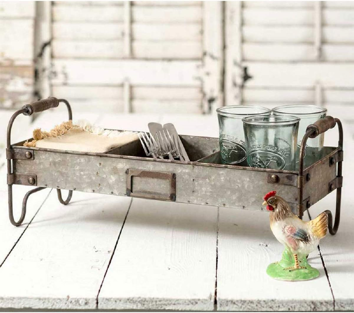 Galvanized Steel Industrial Divided Tray with Wooden Handles