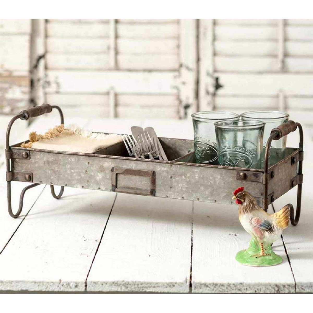 Galvanized Steel Industrial Divided Tray with Wooden Handles