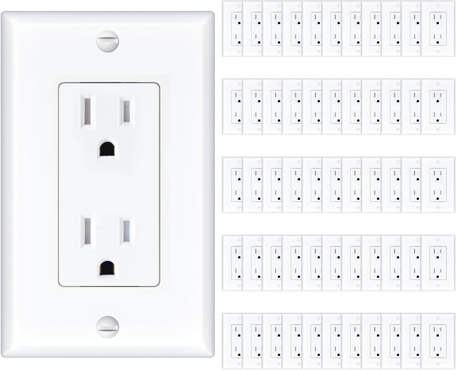 Amico 50 Pack Wall Outlet, 15 Amp Outlets, UL Listed, Tamper Resistant Standard Electrical Outlet, Decorator Receptacle with Wall Plate, Suitable for Home and Business, 125V/1875W, White