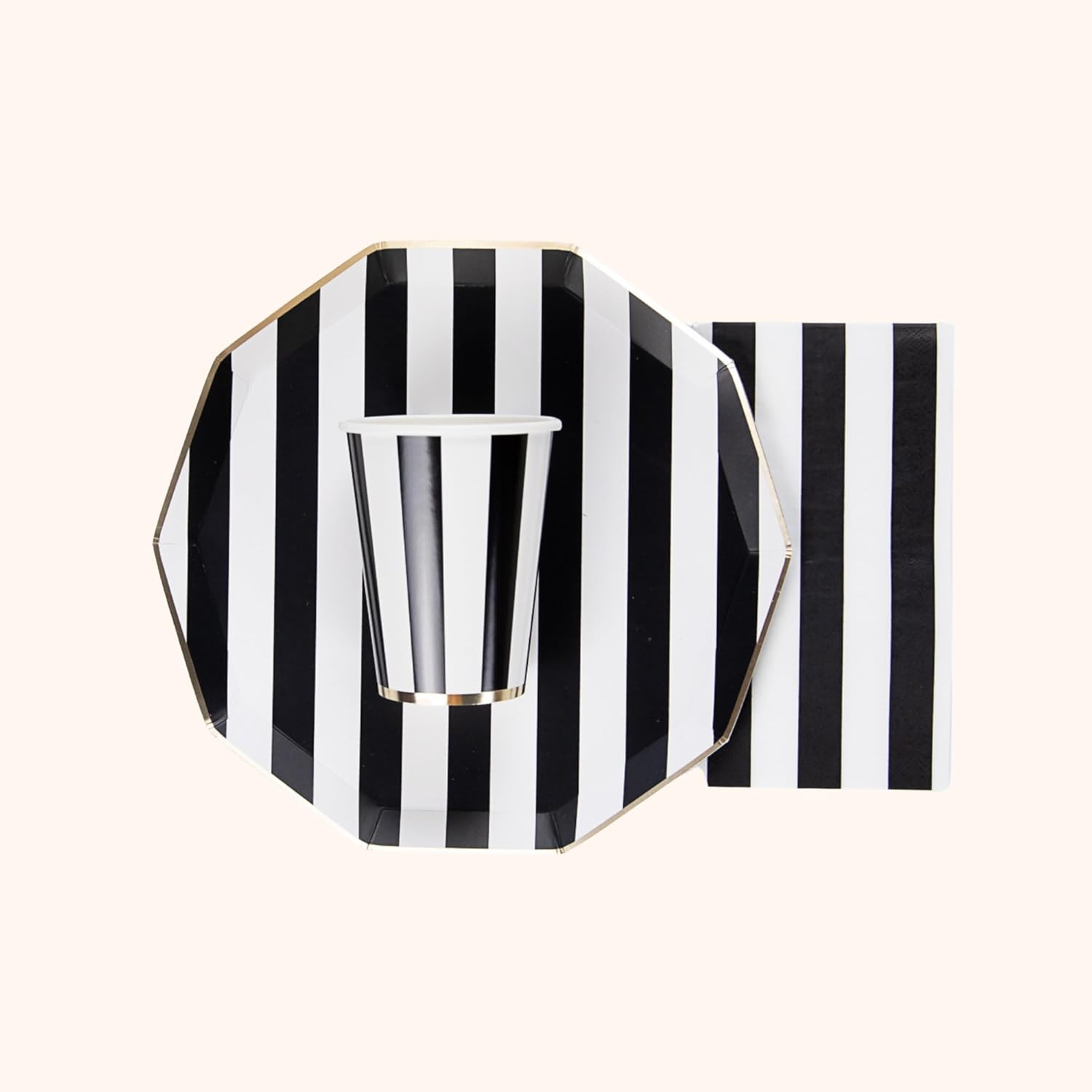Black and White Striped Paper Cups with Gold Trim, 12oz
