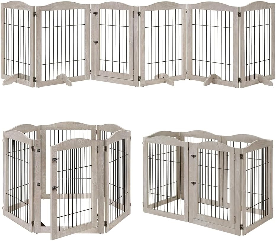 Unipaws Extra Wide Freestanding Dog Gate, 6 Panels Pet Playpen with Wood and Wire, Walk Through Dog Gate with 5 Support Feet