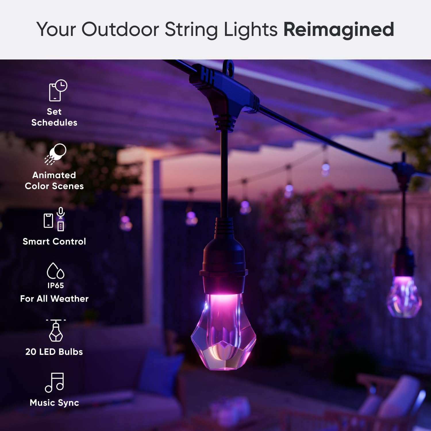 Matter Smart Multicolor LED Outdoor String Lights with Addressable Bulbs