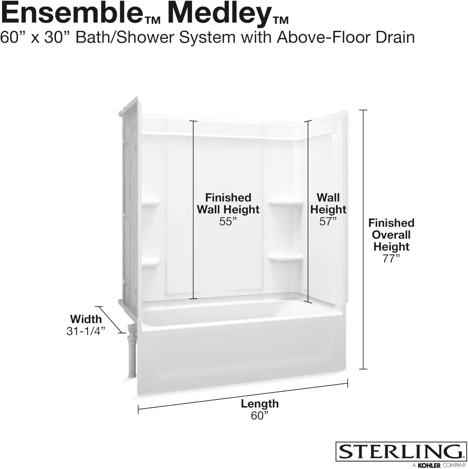 STERLING, a KOHLER Company 71370118-0 Ensemble Medley Bathtub/Shower, White