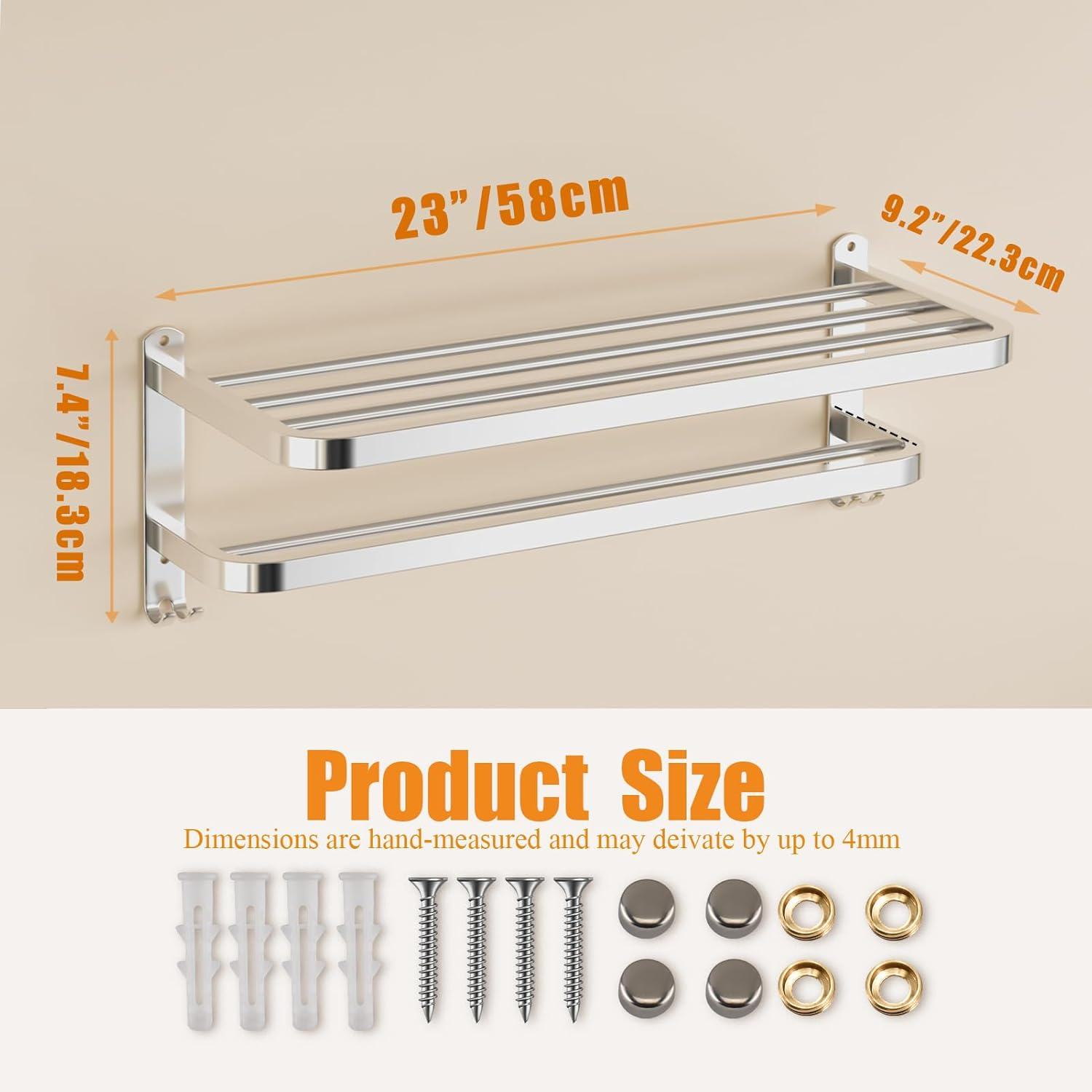 Roundhill Furniture BLK49PMD-S Bathroom Towel Rack Towel Rack Double Towel Bar Bathroom Wall Mount with Hooks Stainless Steel Hotel Bathroom Rack 23 in.