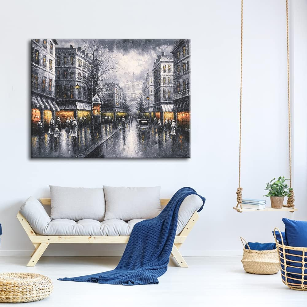 Wieco Art Paris Street View Extra Large Modern Contemporary Cityscape Canvas Print of Oil Paintings Artwork Decorative Landscape Canvas Wall Art for Home Decorations Wall Decor 48"x36"