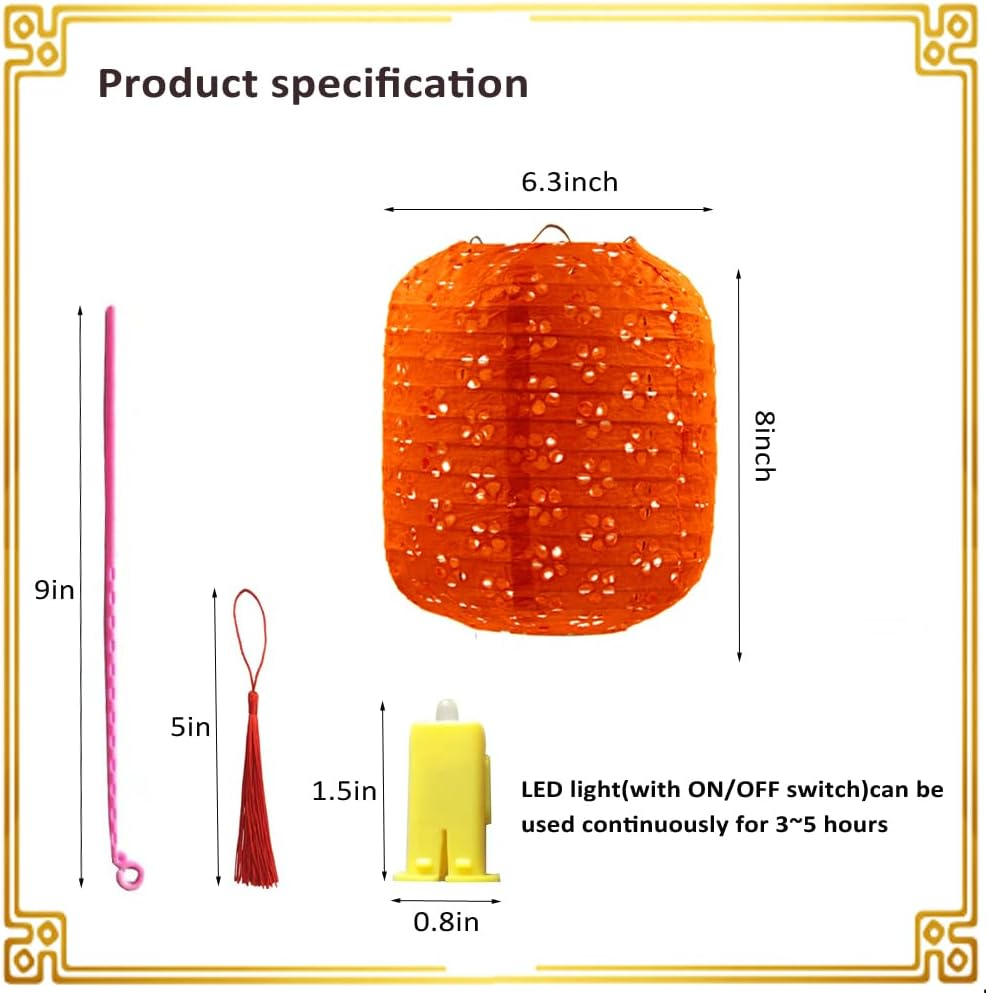 12Pcs Chinese Paper Lanterns with LED Lights, Hollow Out Hanging Asia Japanese Paper Lamps with Tassels Walking Sticks 8 In Lanterns for Chinese New Year Lanterns Decorations(oval-shaped)