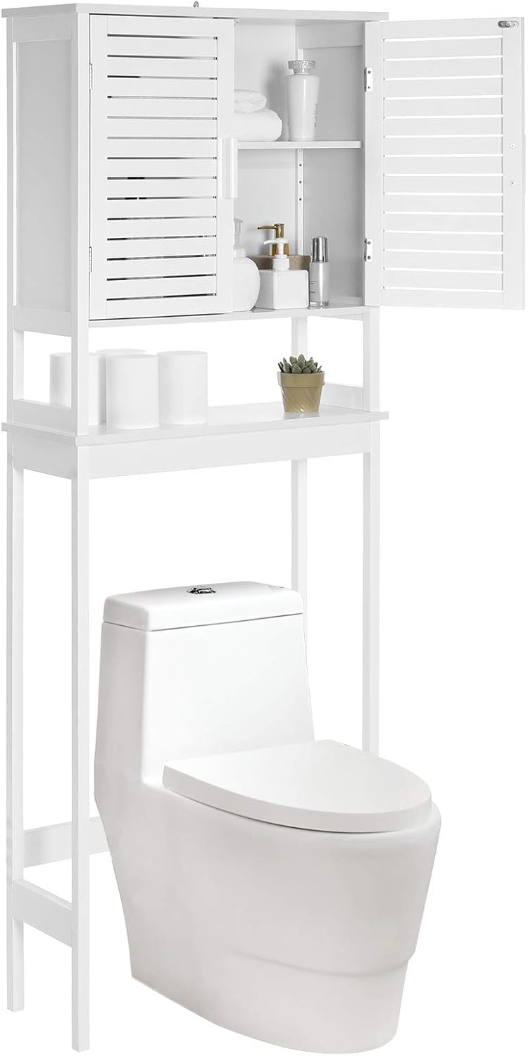 Over-The-Toilet Storage Bathroom Cabinet with Adjustable Inside Shelf and Bottom Stabilizer Bar White