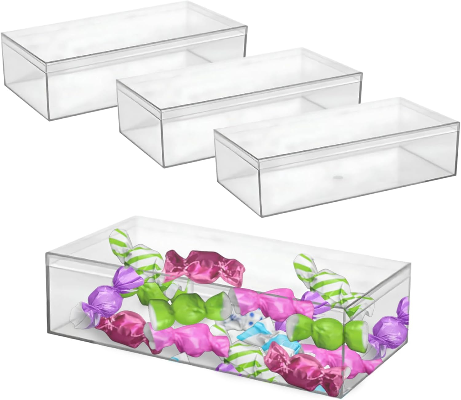 Hammont Rectangle Acrylic Box - Shelf Organizer Bins - Clear Storage Containers - Candy Party Favors | Bathroom Storage | Makeup Cosmetic Organization | 7.5"x3.75"x2" (4 Pack)