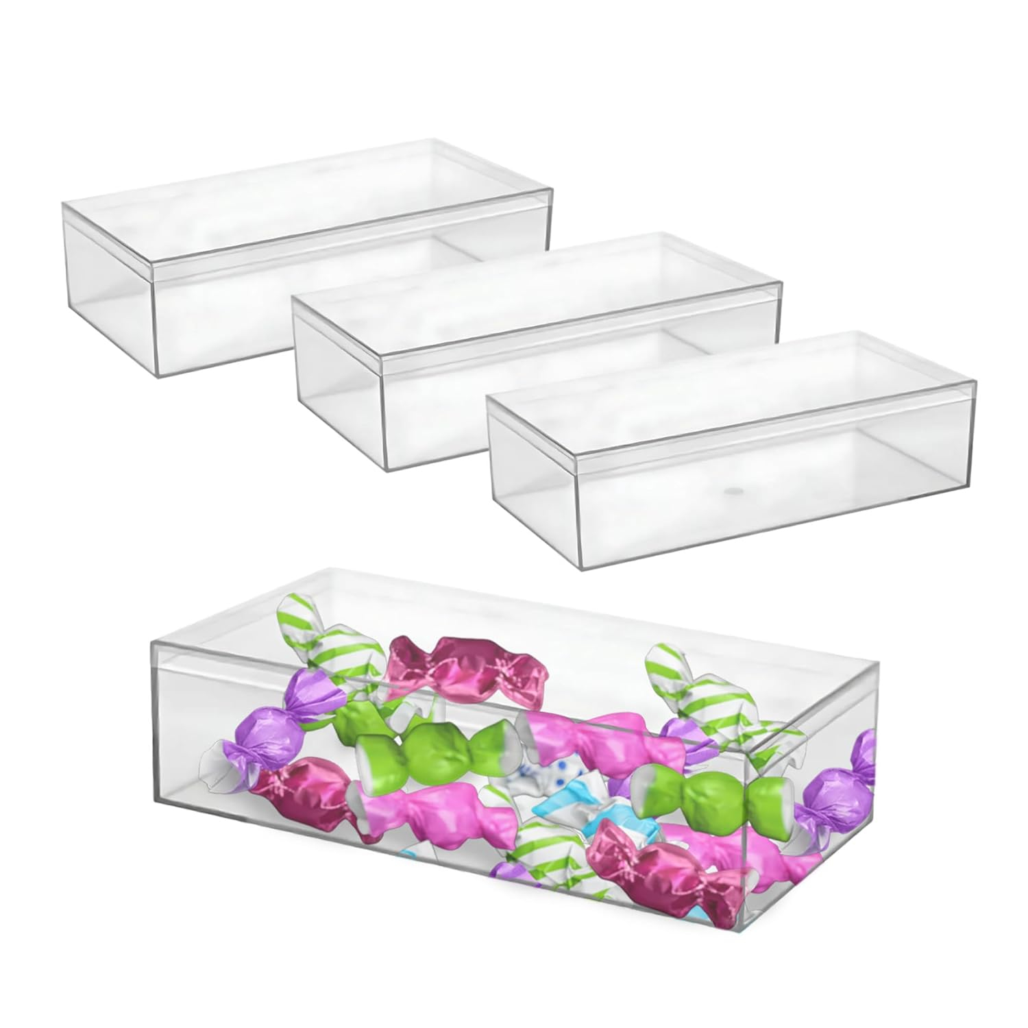 Hammont Rectangle Acrylic Box - Shelf Organizer Bins - Clear Storage Containers - Candy Party Favors | Bathroom Storage | Makeup Cosmetic Organization | 7.5"x3.75"x2" (4 Pack)