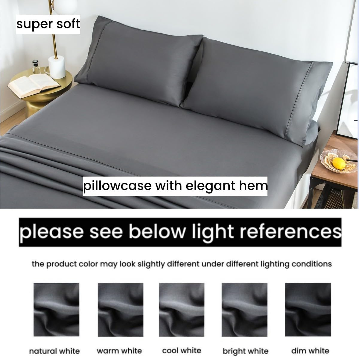 Pillowcases Queen Gray Set of 2 Envelope Closure End Easy Fit for All Season Cooling Soft and Breathable Material Machine Washable