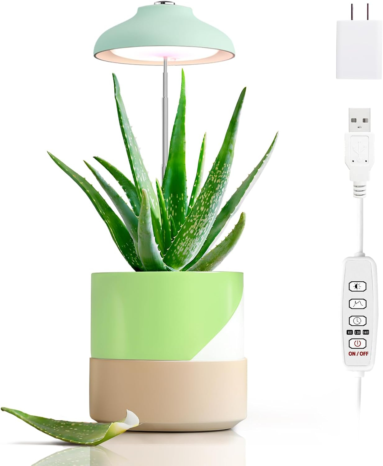 GrowLED Umbrella Plant Grow Light, Height Adjustable, 8/12/16H Automatic Timer, 10-Levels Brightness, 3 Lighting Modes, Neo Mint Green
