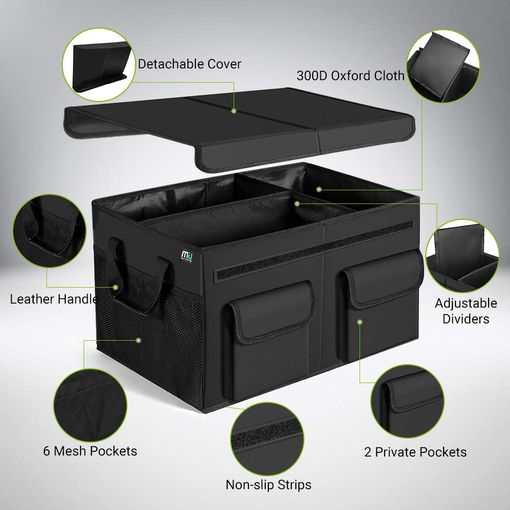 MIU COLOR Car Trunk Organizer with Lid, Collapsible Car Storage Organizer with Reinforced Leather Handles, Non-Slip Bottom, Trunk Organizer for SUV, Van, Jeep (Black with Strap, Extra Large)