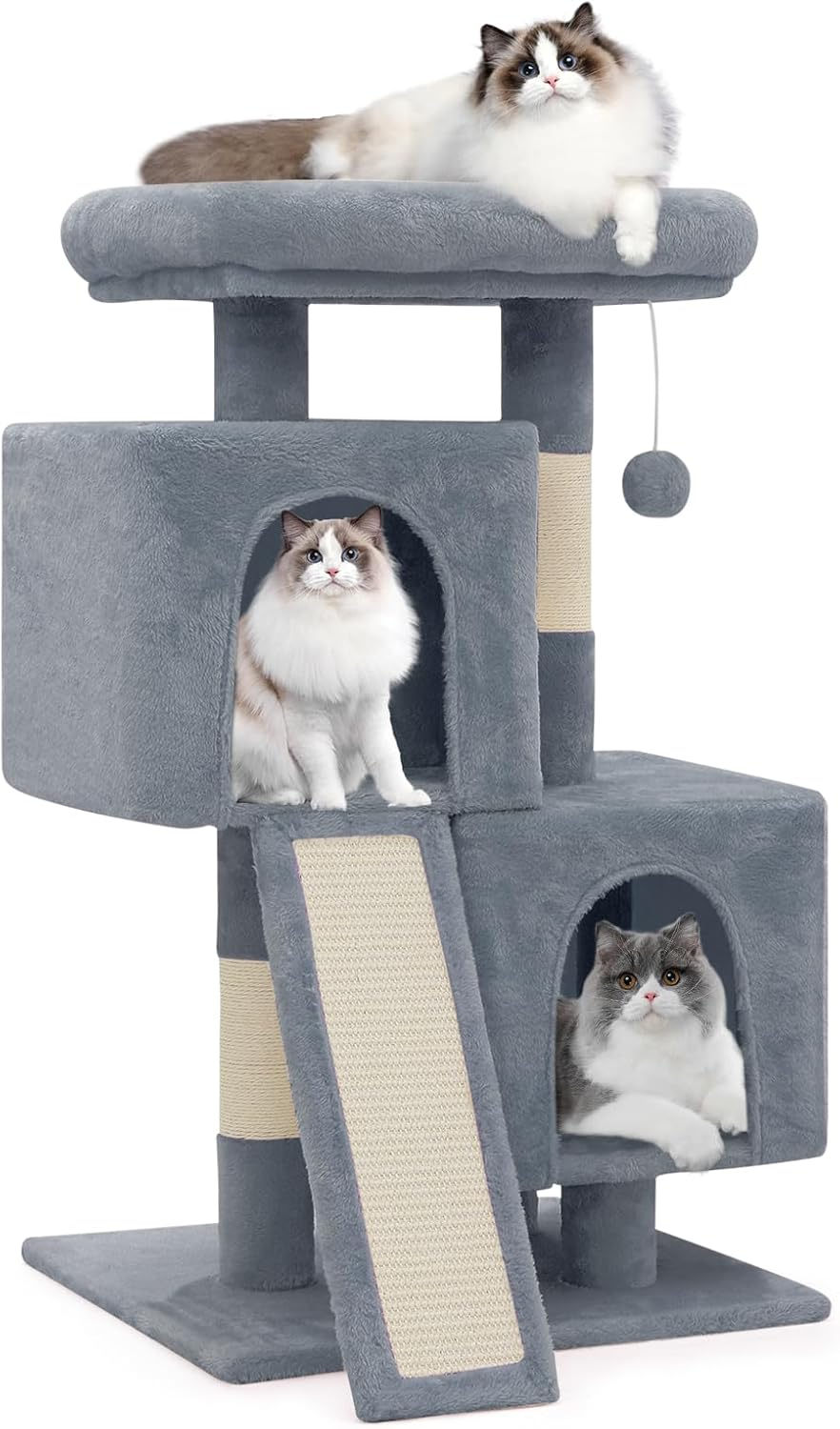 Magshion 34-in Cat Tree & Kittens Play House, Double Level Plush Cat Condo for Indoor Cats, Light Gray