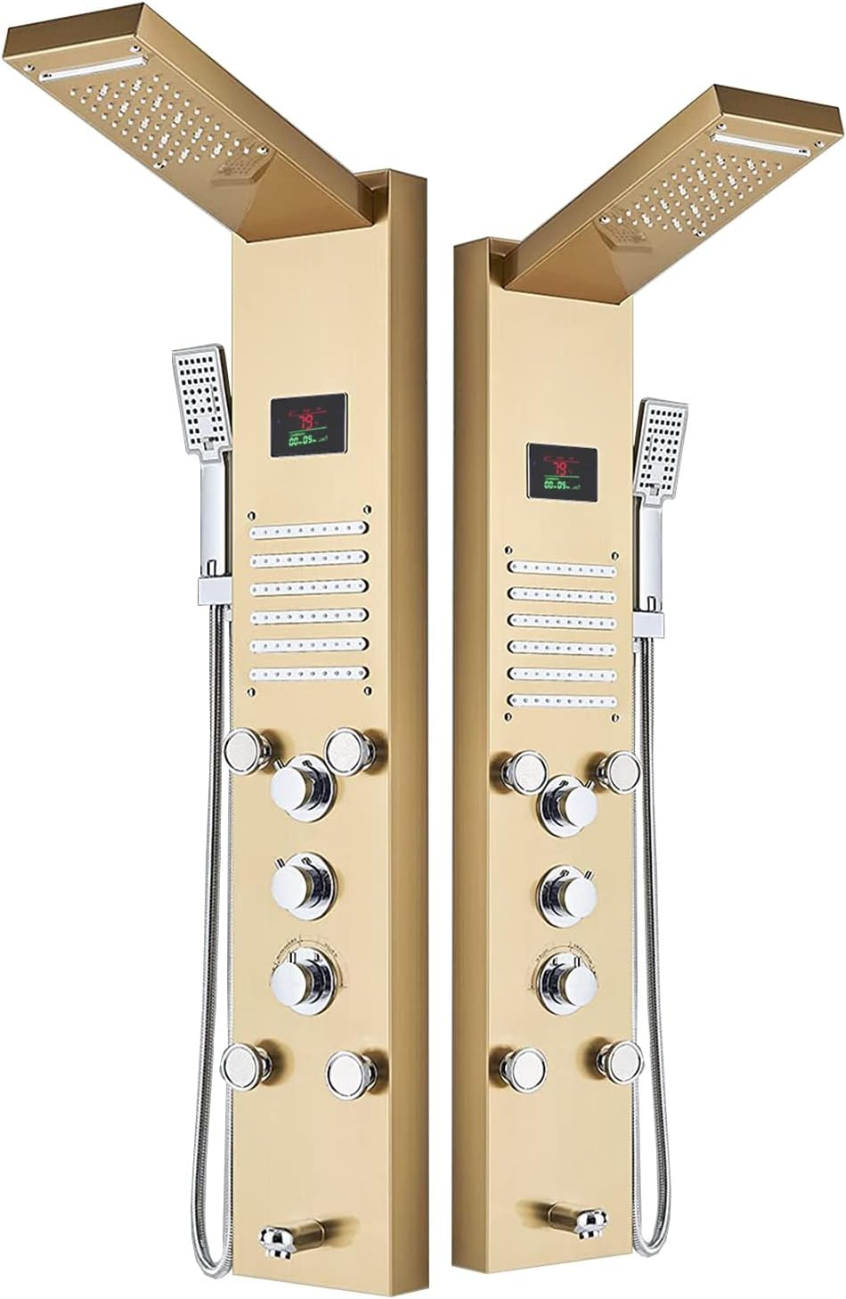 ELLO&ALLO LED Rainfall Waterfall Shower Head Rain Massage System with Body Jets Stainless Steel Bathroom Shower Panel Tower System, Brushed Gold