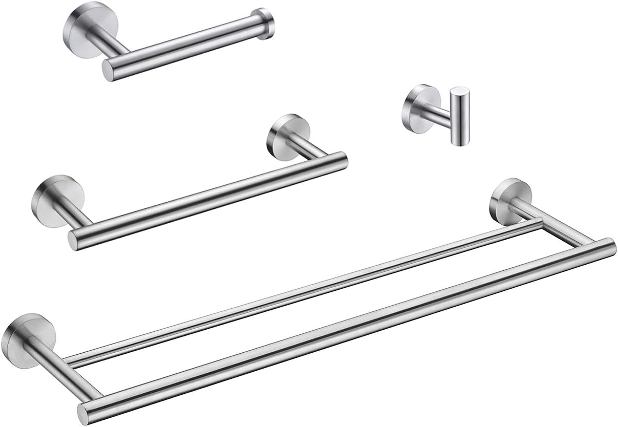 4-Piece Bathroom Accessories Set Brushed Stainless Steel Wall Mount - Includes Double Towel Bar, Hand Towel Rack, Toilet Paper Holder, Robe Hooks, BS100S4-BN