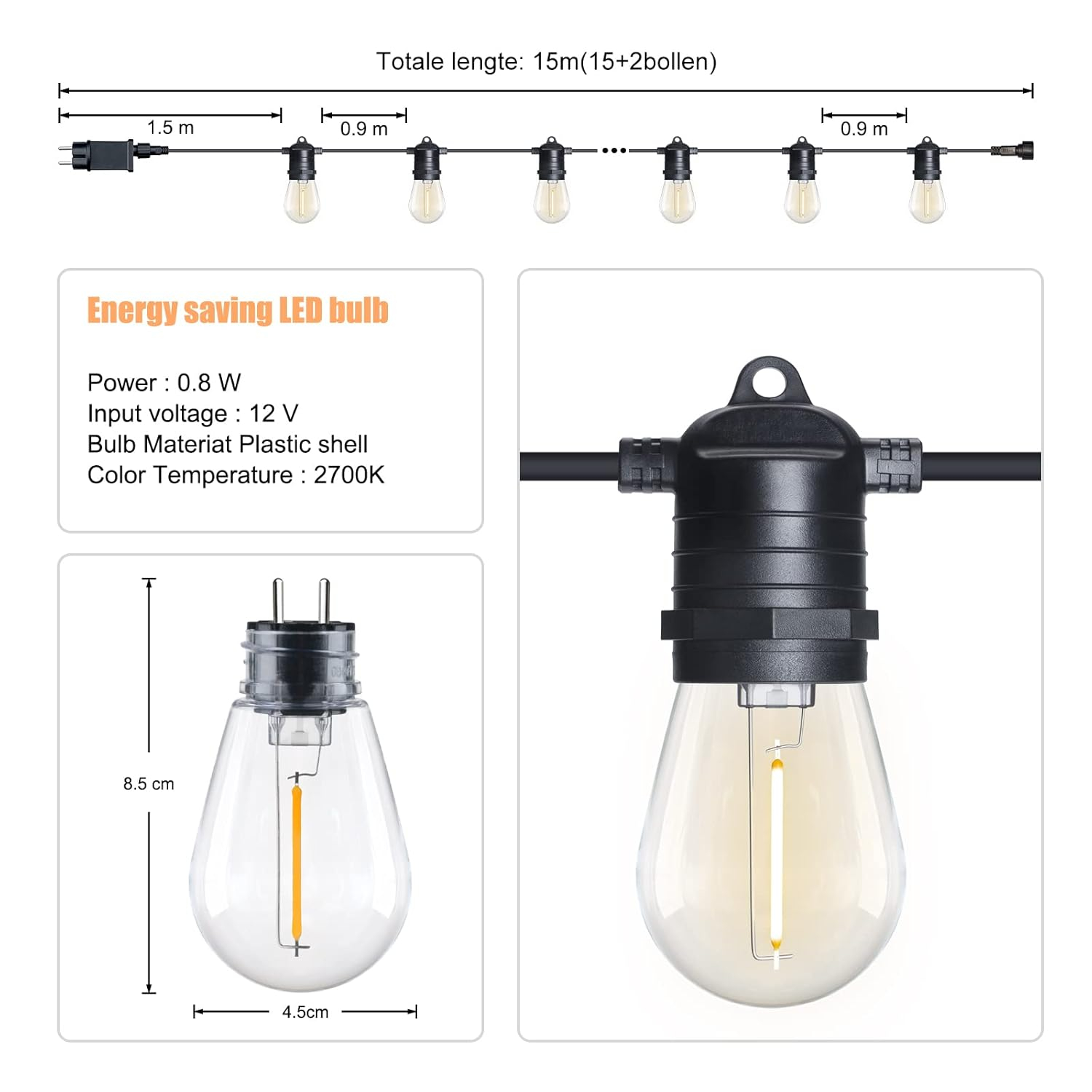 12V Low Voltage Outdoor String Lights, S14 LED String Lights 48FT Outdoor Hanging String Light Shatter-Proof, Outdoor LED String Lights Patio String Light, Décor for Patio, Backyard, Gazebo, Porch