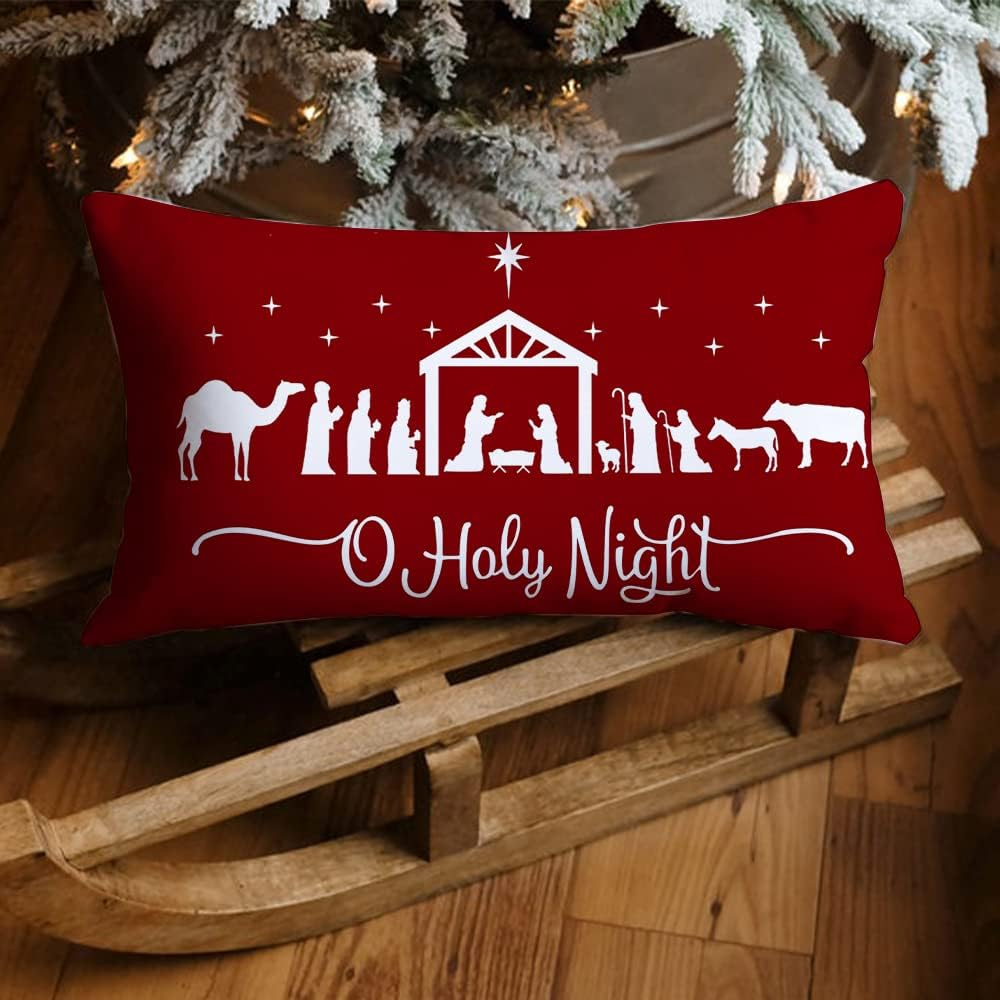 Christmas Pillow Covers 12x20,Merry Christmas Cross Joy Oh Holy Night Nativity Holiday Party Throw Pillow Cover Decorations Pillow Covers Farmhouse Pillows Decorative for Sofa Winter Home Decor