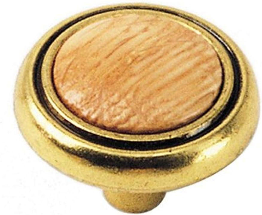 Round Brass and Oak Cabinet Knob with Mounting Hardware
