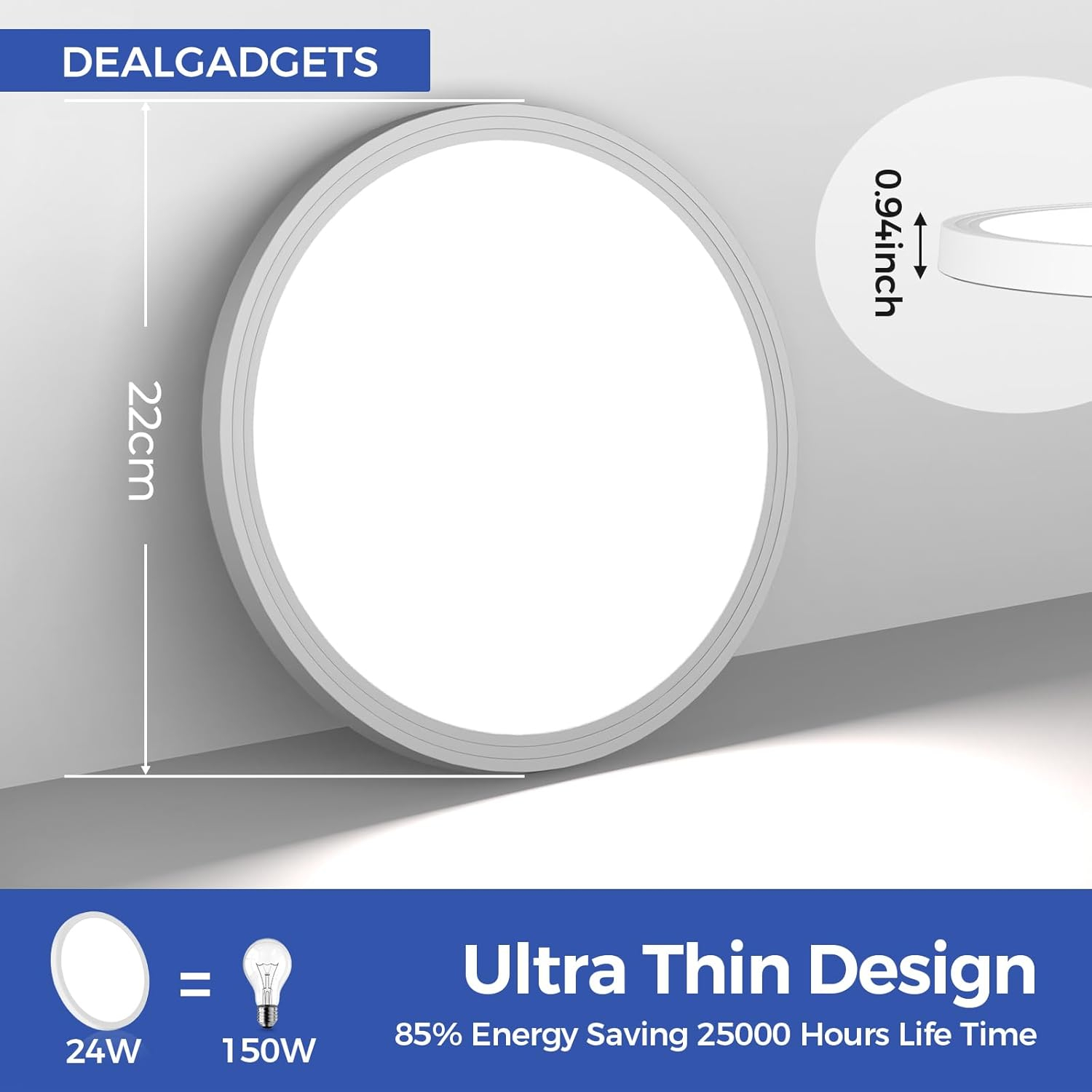 Flush Mount Ceiling Light Fixtures,24W Flat led Light for Ceiling,6000K 2200LM Ultra Thin Round White Lamp for Bedroom Kitchen,Bathroom,Garage,Living Room, Dining Room