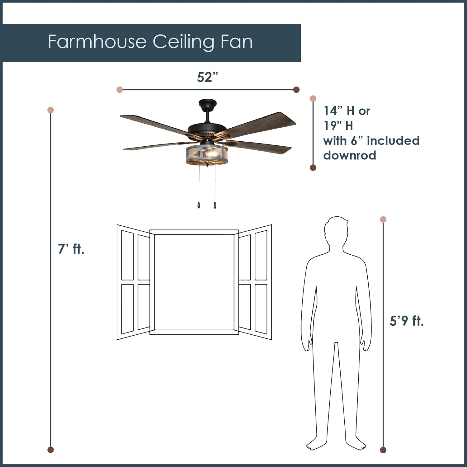 52" Brown Industrial Farmhouse Ceiling Fan with LED Light and Remote