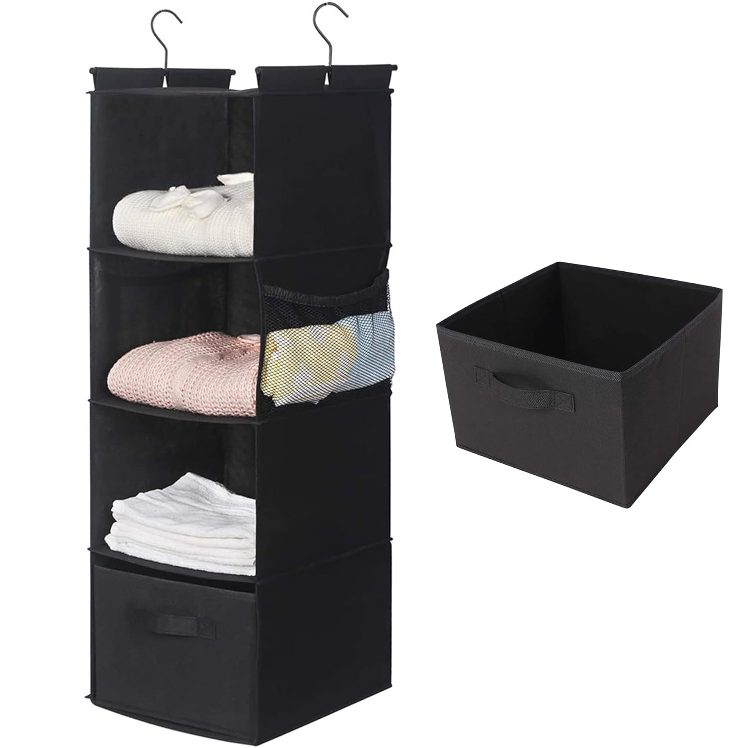 MAX Houser 4-Shelf Hanging Closet Organizer, Space Saver, Cloth Hanging Shelves with 2 Side Pockets, Foldable (Black)