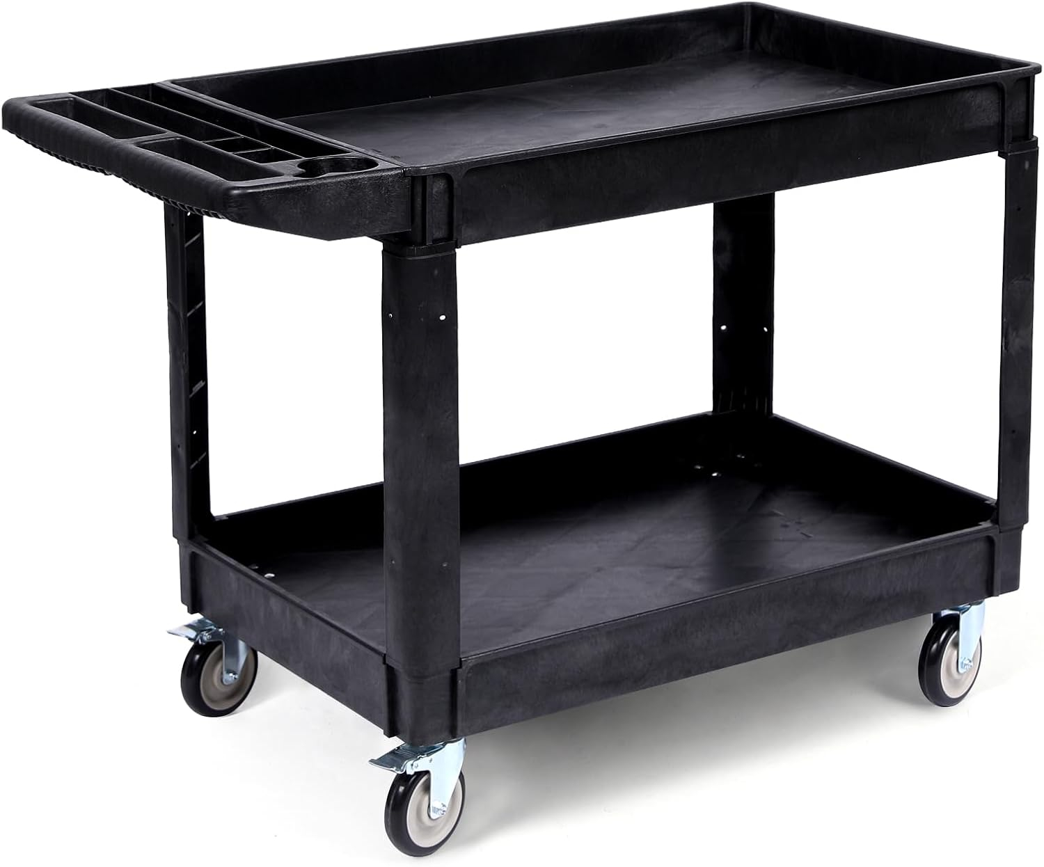 Black Heavy Duty Polypropylene 2-Shelf Rolling Utility Cart with Ergonomic Handle