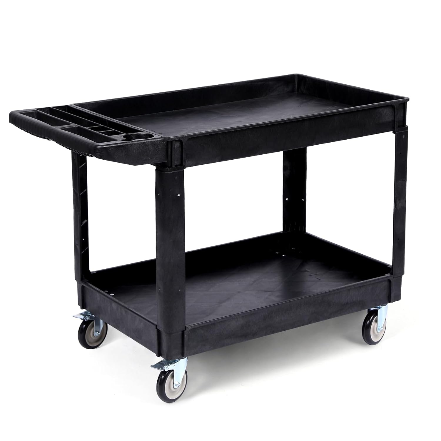 Black Heavy Duty Polypropylene 2-Shelf Rolling Utility Cart with Ergonomic Handle