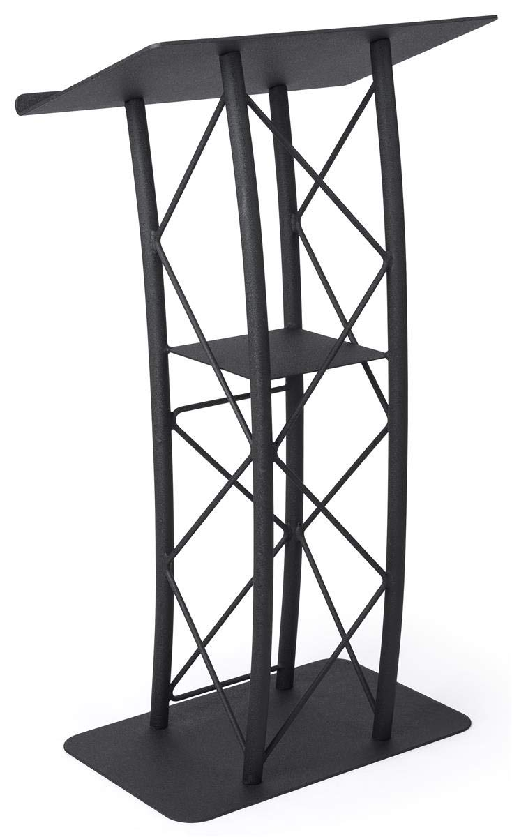 Displays2go Black Aluminum and Steel Truss Lectern with Curved Design (LCTTACBK)