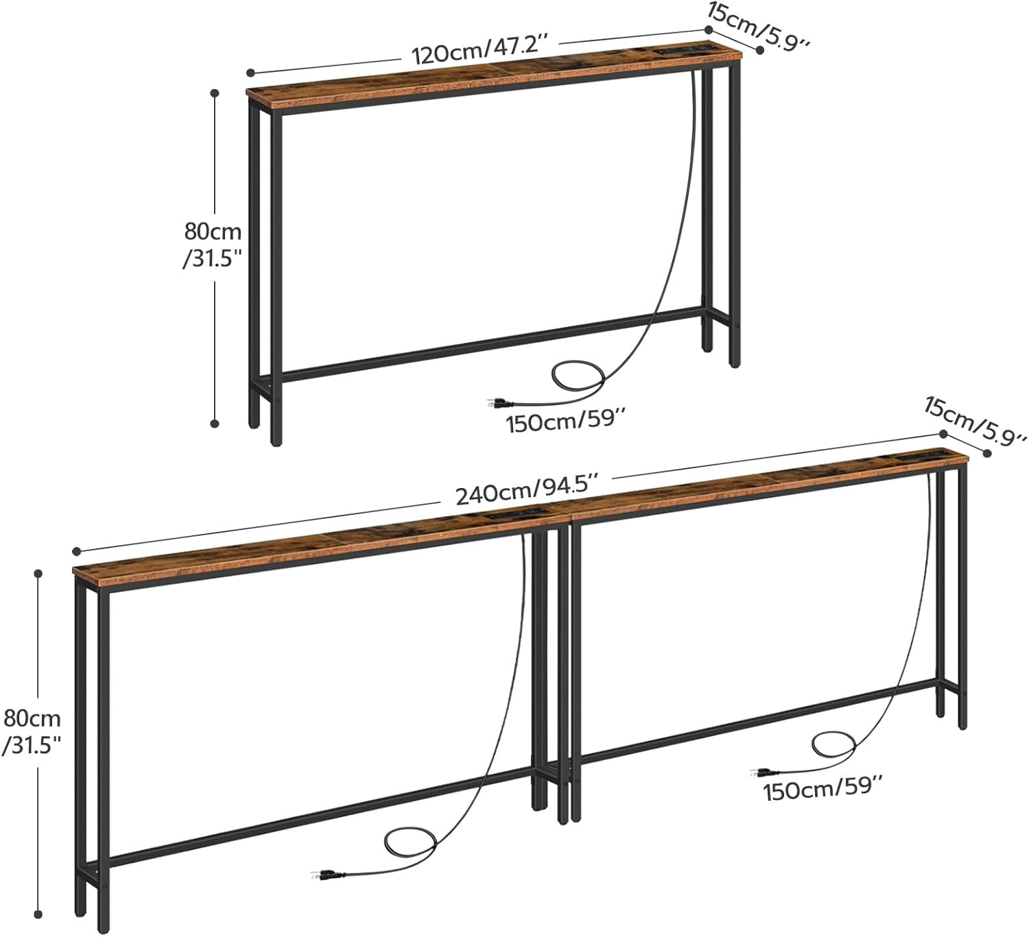 47.2" Skinny Console Table with Power Outlets and USB Ports, Table with Charging Station, Narrow Sofa Table, Behind Couch Table, for Entryway, Hallway, Foyer, Rustic Brown BF15XG01G1