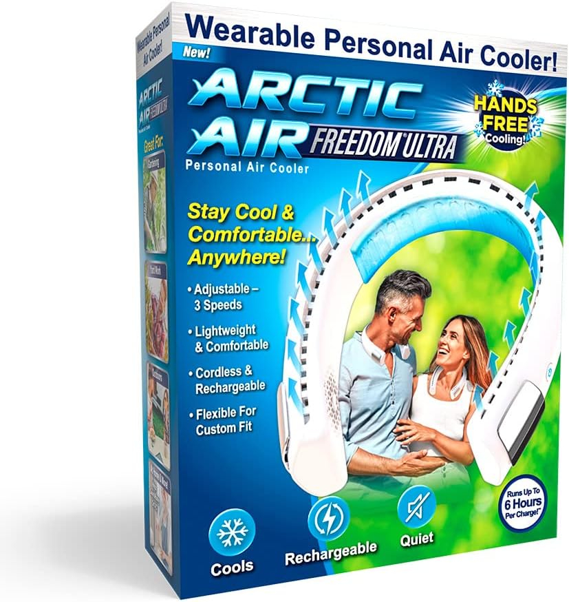 Arctic Air Freedom Ultra Neck Fan, Wearable 3-Speed Neck Cooler, Small Fan for Outdoor & Indoor Use, USB-Rechargeable Fan with 6-Hour Battery Life, Lightweight & Compact
