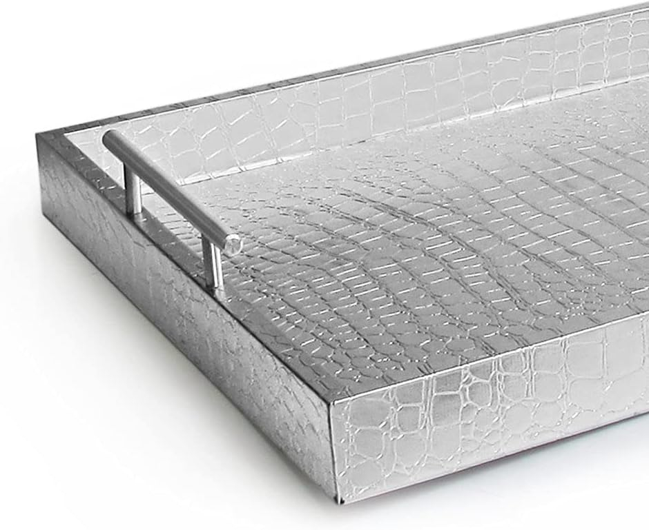American Atelier, Silver Polyurethane Leather Alligator Rectangular Serving Tray with Handle, 14x19"