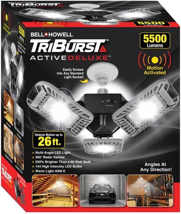 Bell + Howell TriBurst Garage Light 144 LED Bulb 5500 Lumens Ceiling Socket Motion Sensor 4000K 60W