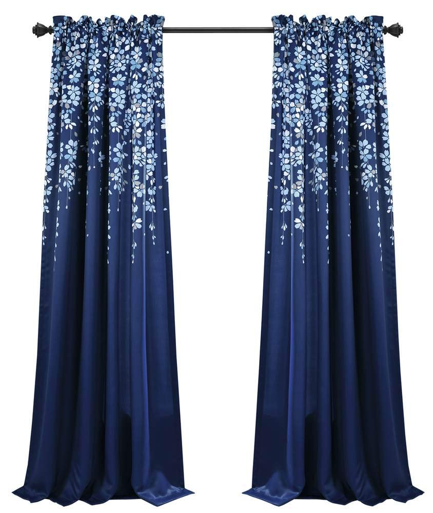 Lush Decor Weeping Flower Bright Colorful Floral Print 3" Rod Pocket Room Darkening Window Curtain Panel, Navy, 95"L x 52"W + 2" Header, Set of 2