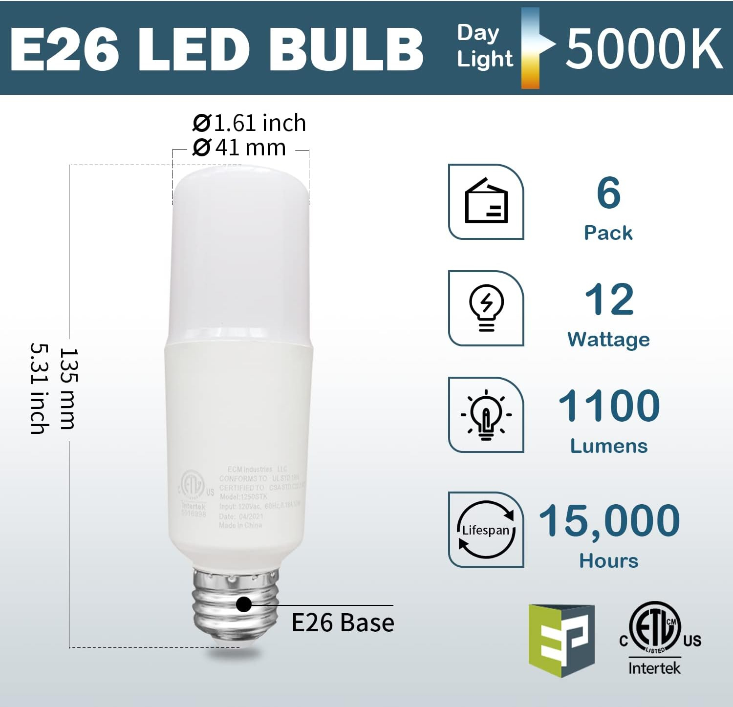 EP 75W Equivalent LED Bulb - 12W 1100 Lumens 5000K Daylight White Non-Dimmable E26 Medium Base - Bright Bulbs for Home, Bedroom, Office Lamp, 6 Pack