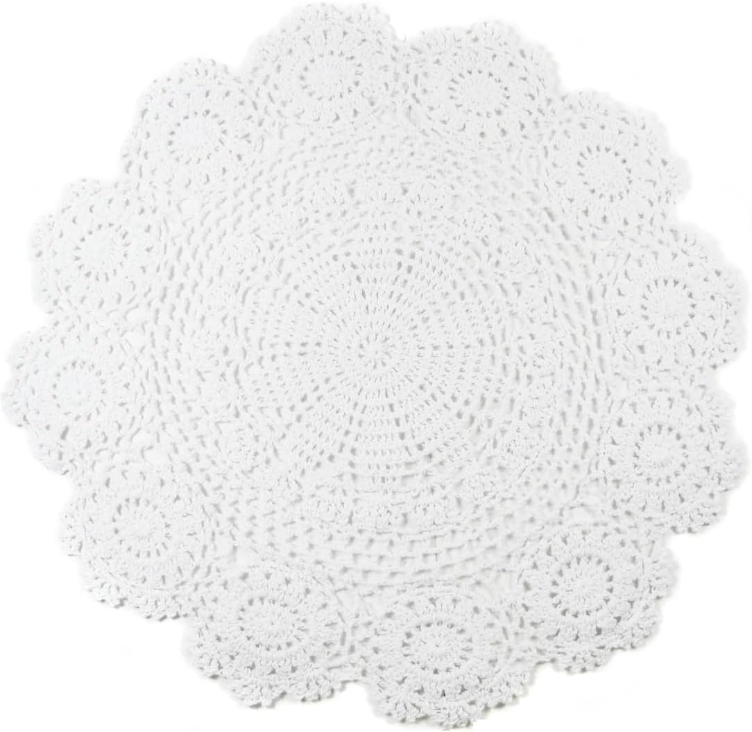 kilofly Handmade Crochet Round Cotton Lace Table Placemats Doilies Value Pack [Set of 4], Lotus, White