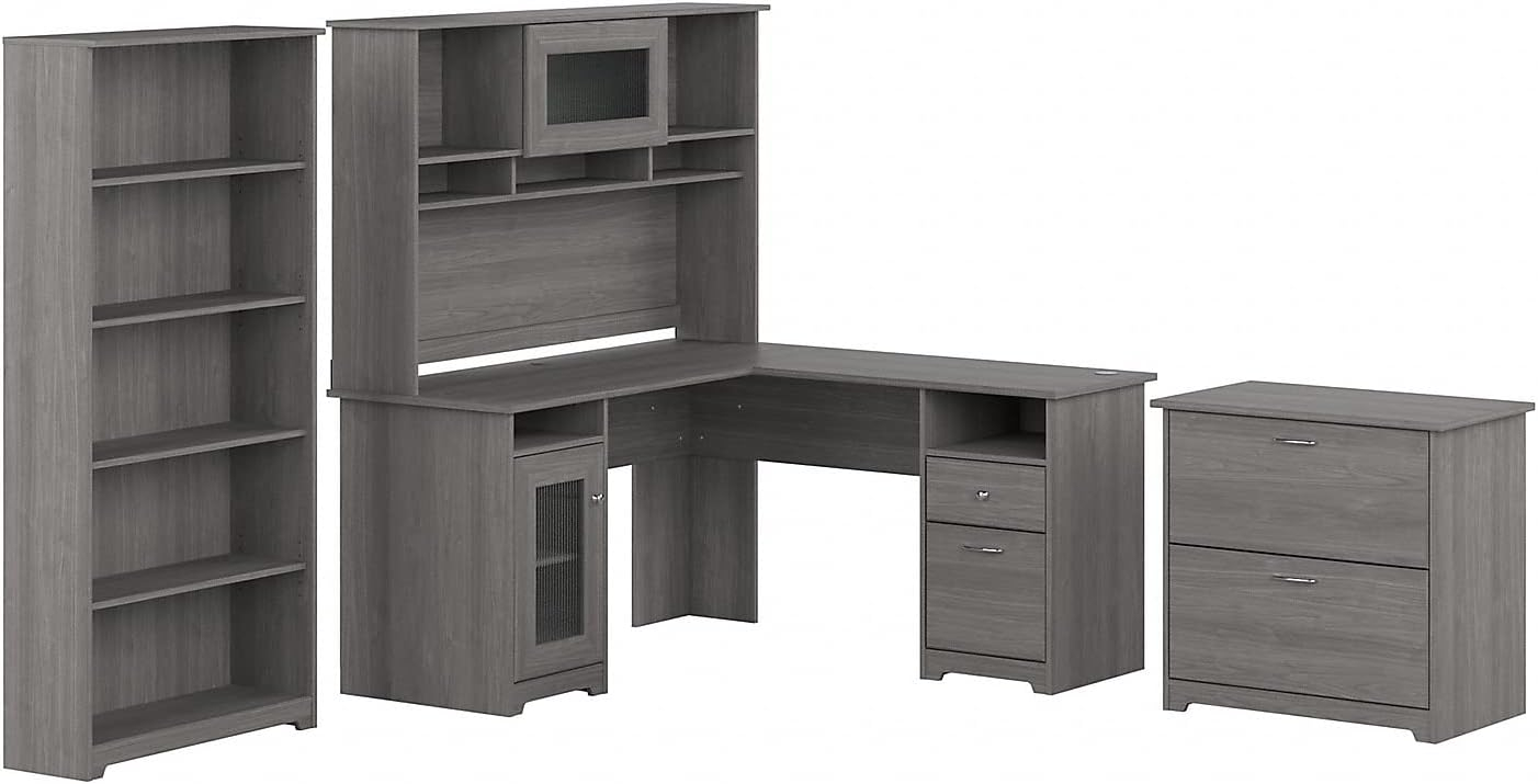 Modern Gray Engineered Wood L-Shaped Desk with Hutch and Storage