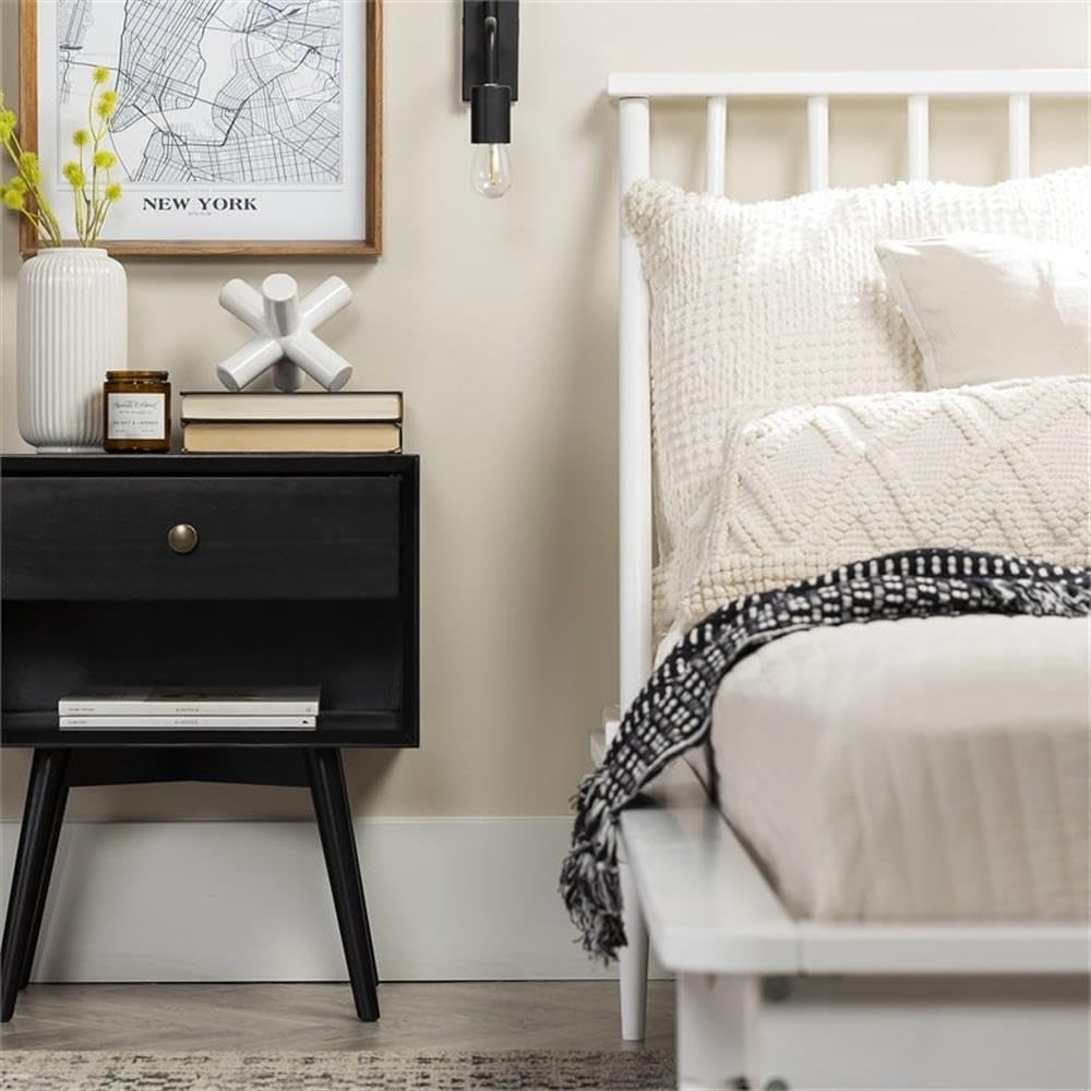 Mid-Century Modern Black Pine Wood 1-Drawer Nightstand