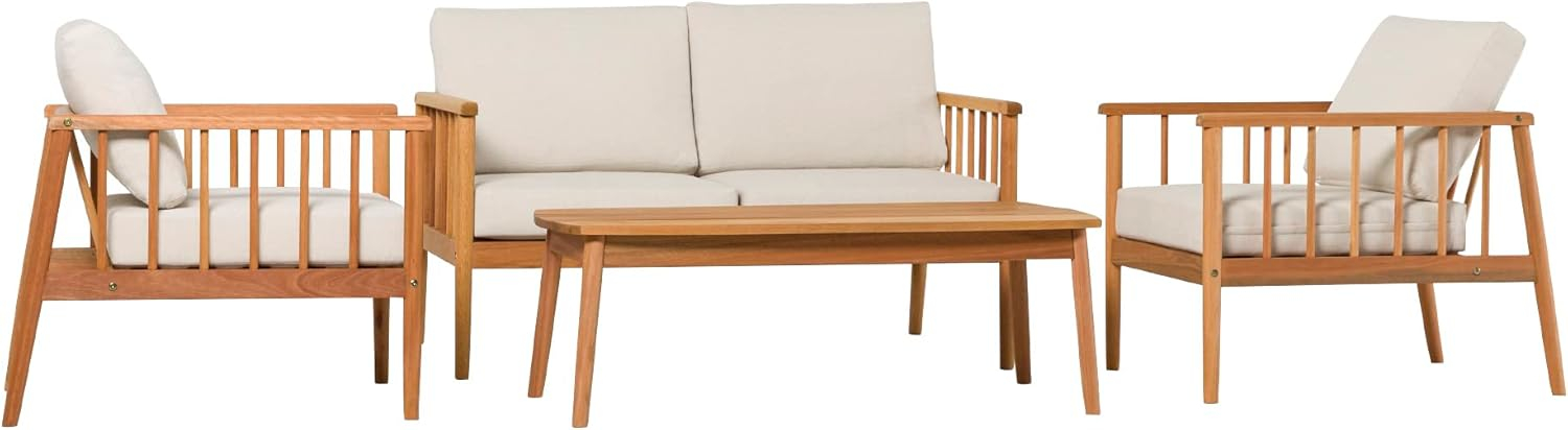 Walker Edison Modern 4-Piece Spindle-Style Eucalyptus Chat Set, Natural