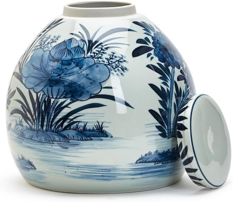 Two's Company Water Lilly 11" Blue and White Squat Covered Ginger Jar - Ceramic