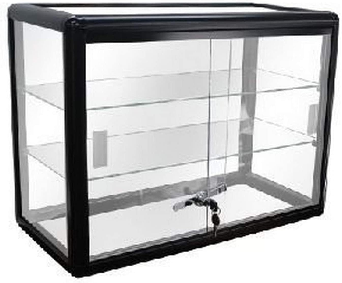 Only Garment Racks Elegant Black Aluminum Display Table Top Tempered Glass Show Case. Sliding Glass Doors with Lock