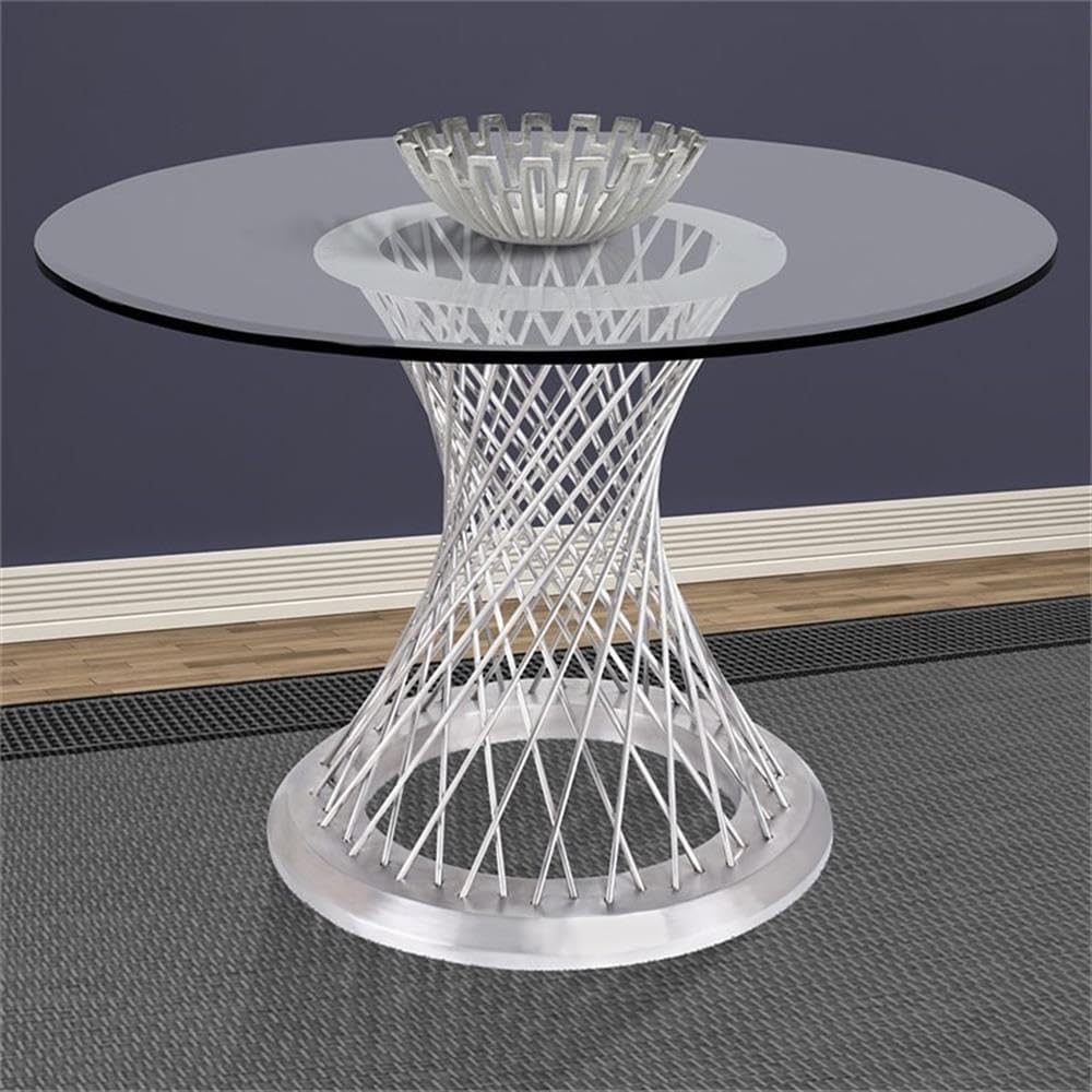 Armen Living Calypso Contemporary Dining Table in Brushed Stainless Steel with Clear Tempered Glass Top