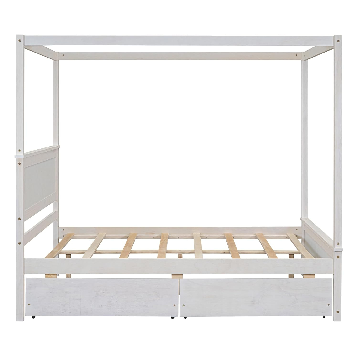 CITYLIGHT Full Size Canopy Bed with 2 Storage Drawers, Wooden Canopy Platform Bed with Headboard, Four Post Bed (Brushed White)
