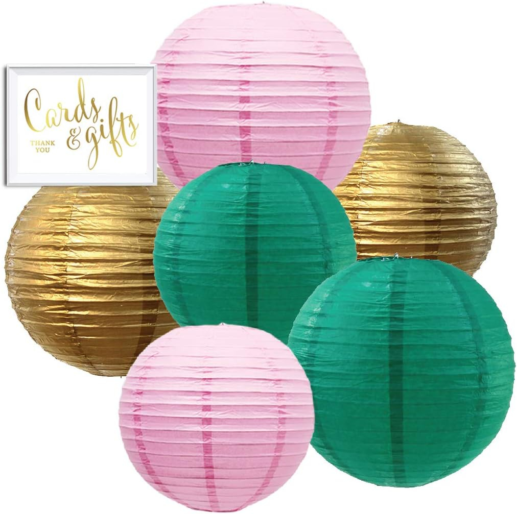Koyal Wholesale Blush Pink, Emerald Green, Gold Hanging Paper Lanterns Decorative Kit, 6-Pack with Free Gifts Party Sign