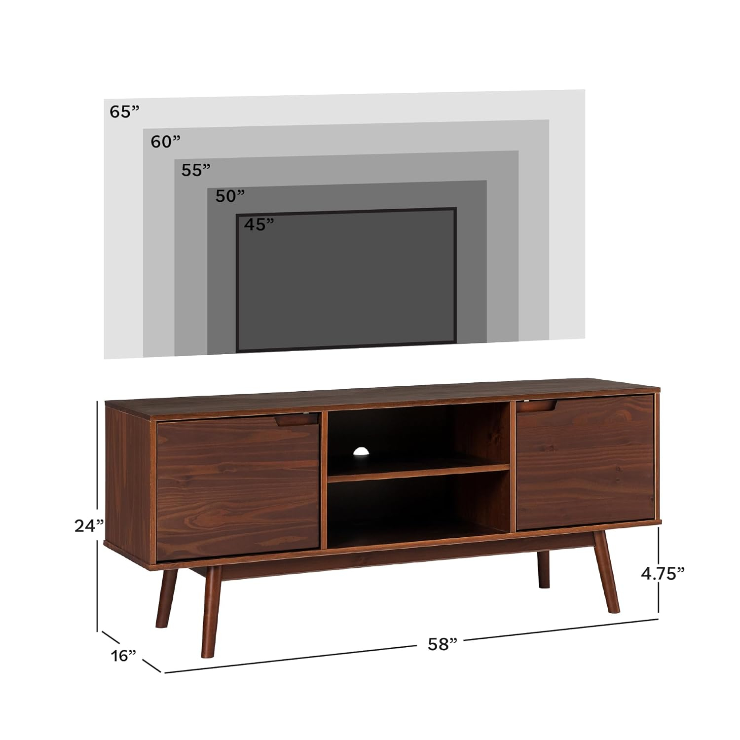 Walnut Solid Wood 58" Modern TV Stand with Cabinet