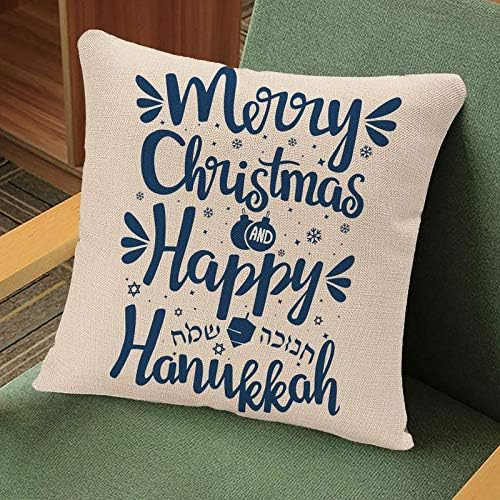 Throw Pillow Covers Festival Hand Written Lettering with Text Happy Hanukkah and Merry Christmas Hanuka Pillow Case 18x18 Inch Square Cushion Cover Pillowcase