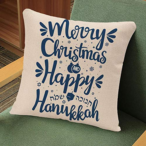 Throw Pillow Covers Festival Hand Written Lettering with Text Happy Hanukkah and Merry Christmas Hanuka Pillow Case 18x18 Inch Square Cushion Cover Pillowcase