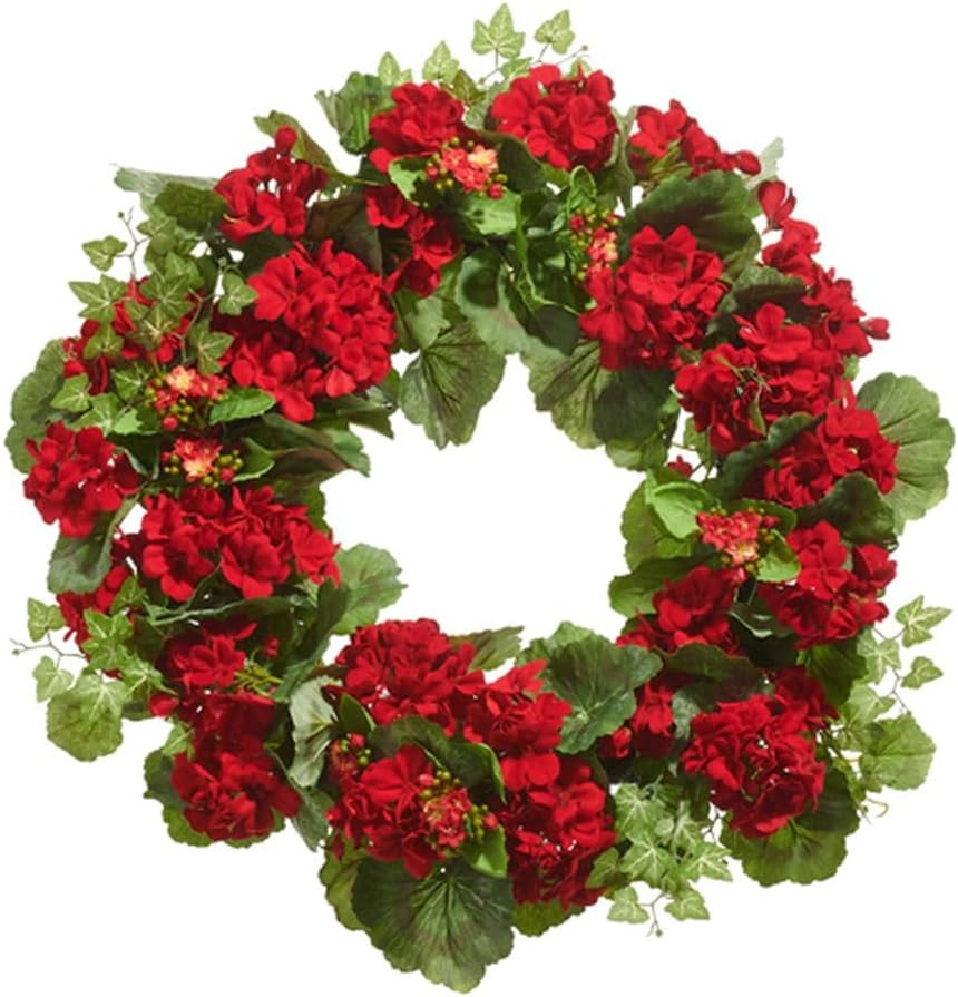 RAZ Imports 24" Red Geranium Flower and Kalanchoe Fourth of July Summer Wreath