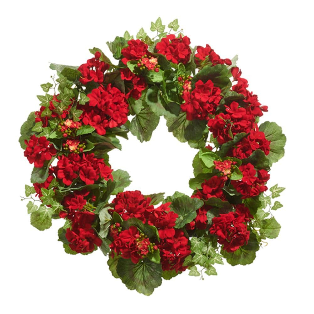 RAZ Imports 24" Red Geranium Flower and Kalanchoe Fourth of July Summer Wreath