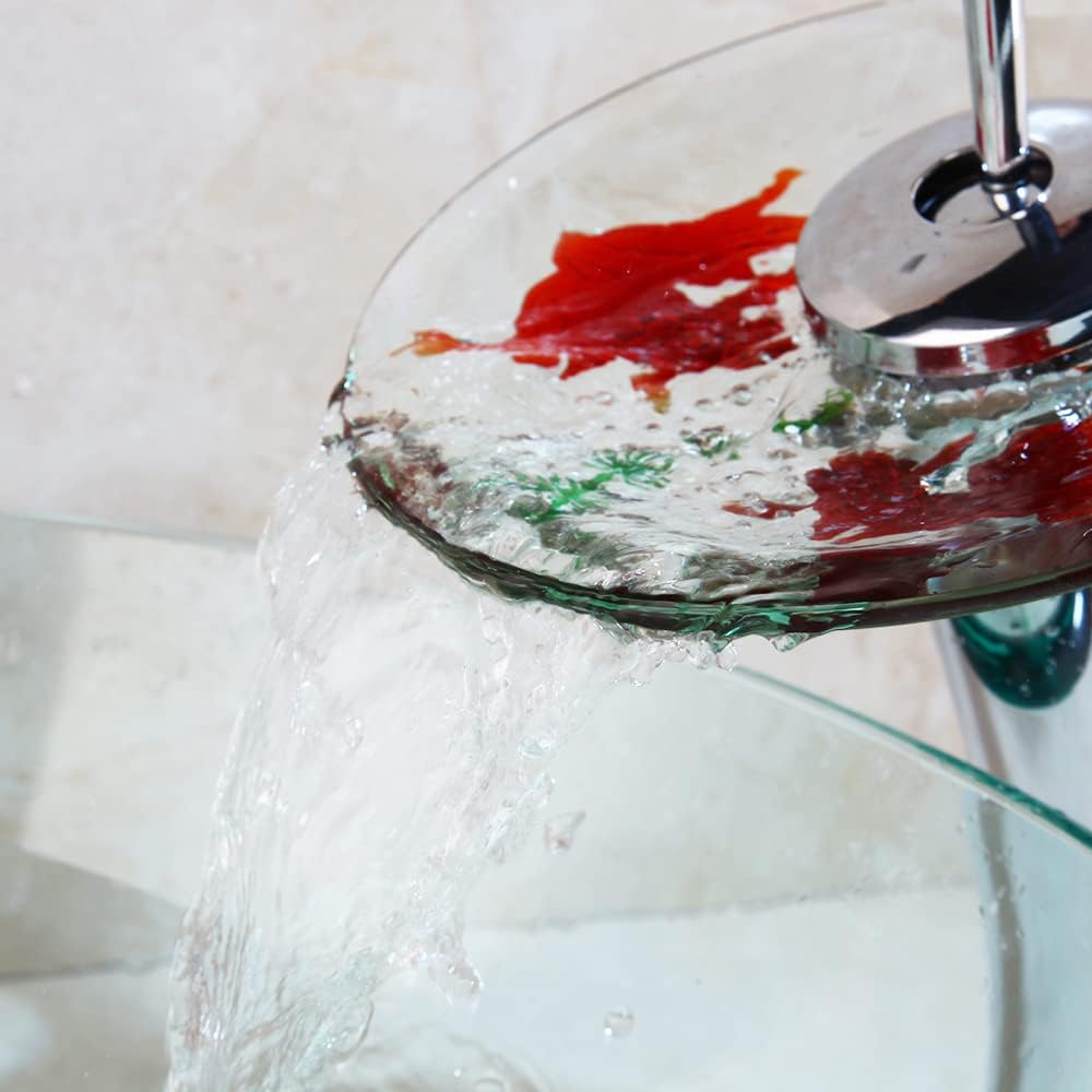 Clear Bathroom Sink Hand Painting Gold Fish Tempered Glass Vessel Sink Basin with Waterfall Faucet and Drain Combo,16"Round Glass Bowl Sink Above Counter Clear Bathroom Vessel Sink Set
