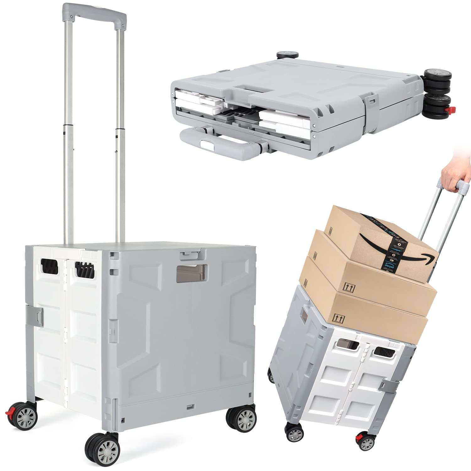 Folding Utility Cart Portable Rolling Crate Hand Truck Teacher Cart Heavy Duty Plastic Telescoping Handle Collapsible Hidden Lid Swivel Wheels for Travel Shopping Moving Office Use(Gray White)